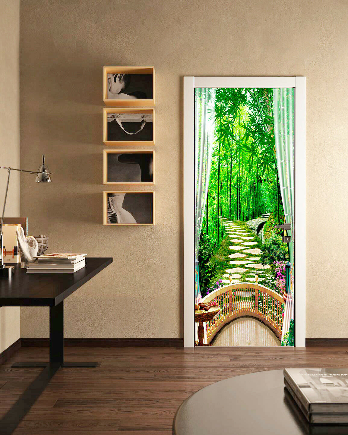 3d Green Bamboo Arch Balcony Door Stickers Removeable Bedroom Door Mural Posters
