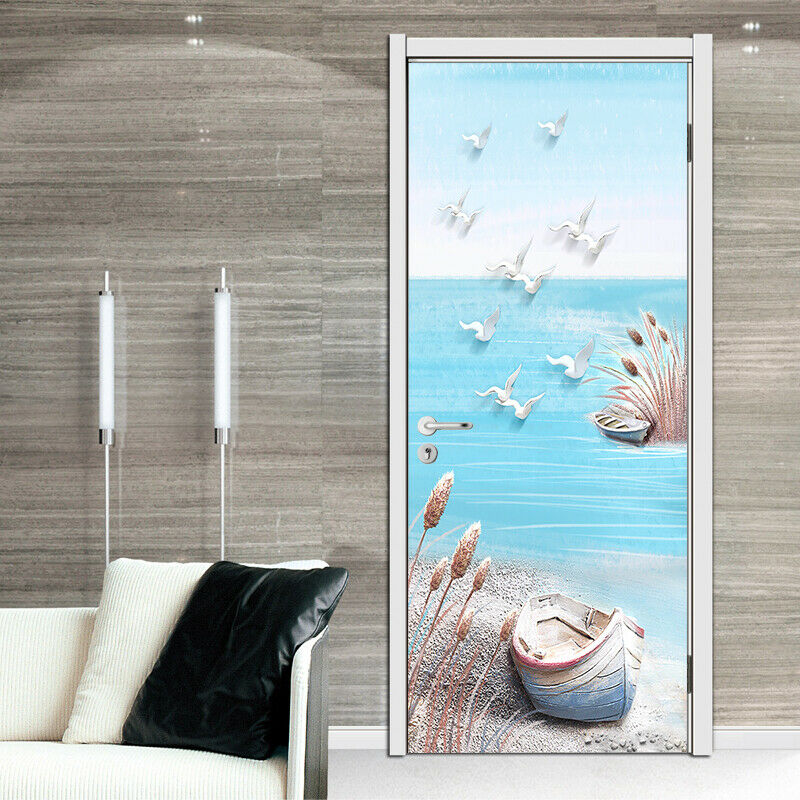 3d Blue Sea Birds Wallpaper Door Sticker Removeable Living Room Door Mural Decor