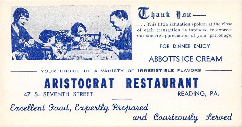 Abbotts Ice Cream Aristocrat Restaurant Reading Pa Small Advertising Blotter