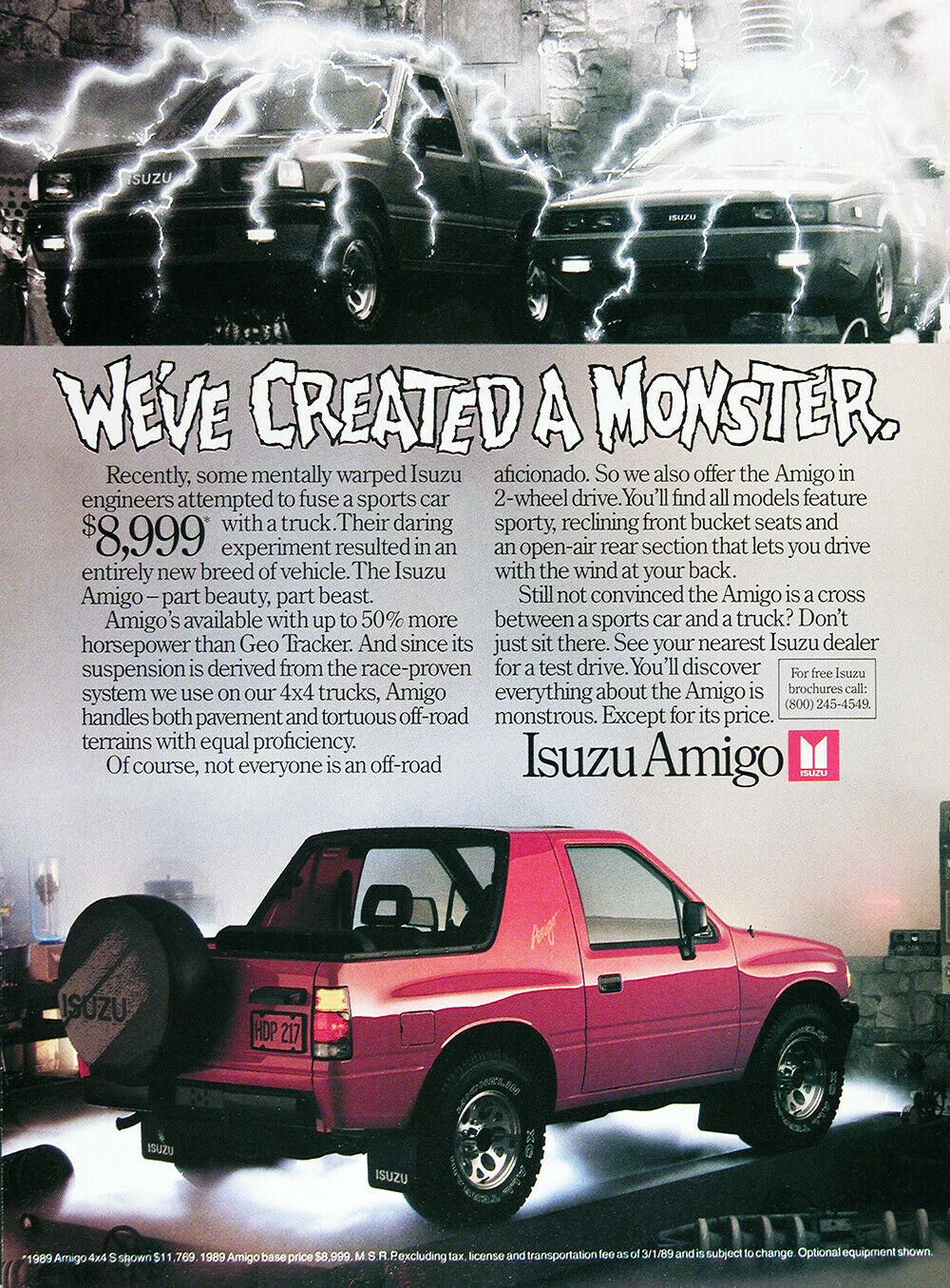 1989 Isuzu Amigo Genuine Vintage Ad ~ Msrp $8,999 ~ Free Shipping!