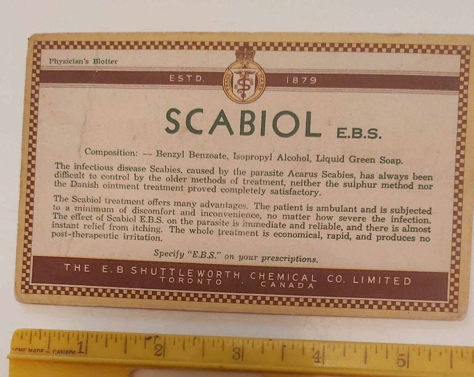 Rare (toronto) "scabiol - E.b.schuttleworth Chemical Co. Ltd." Ink Blotter -used