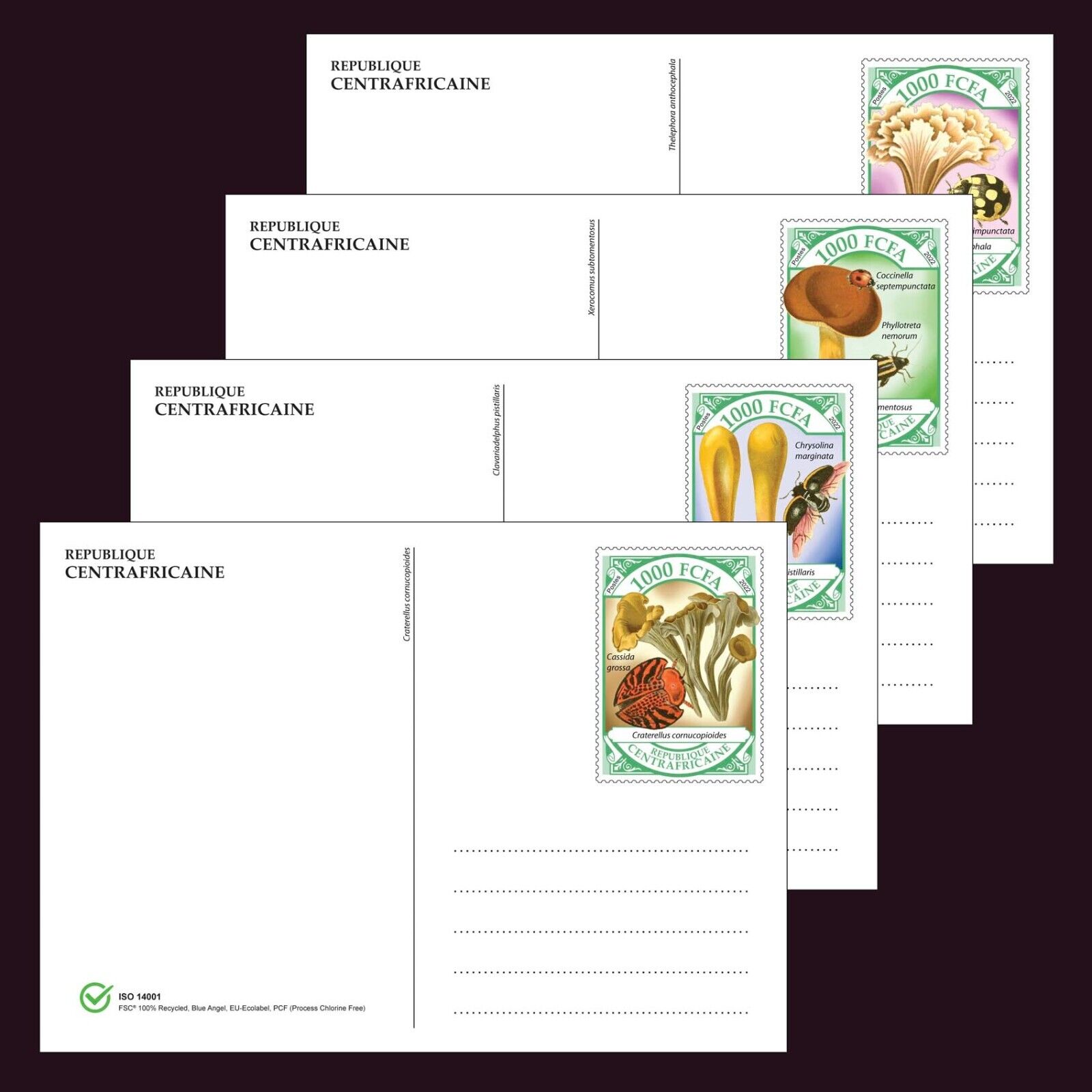 Mushrooms Mnh Stationery Cards 2022 Central African Rep. 100% Recycled Paper