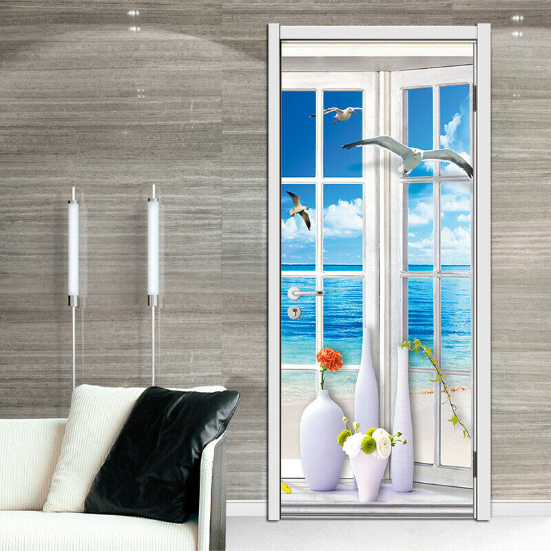 3d Fake Window Blue Sea Door Stickers Self-adhesive Bedroom Door Murals Poster