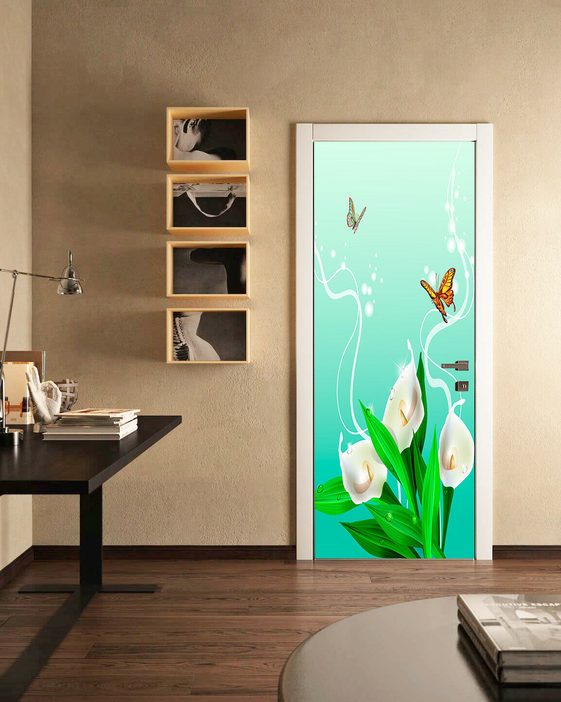 Flowers Butterfly Wallpaper Door Sticker Self-adhesive Bedroom Door Mural Decors