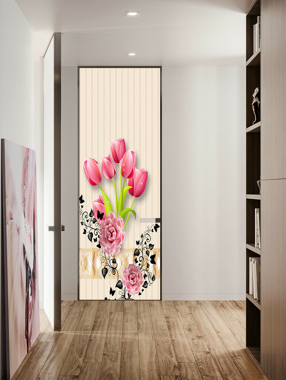 Pink Flowers Door Sticker Self-adhesive Bedroom Door Mural Wallpaper Print Decor