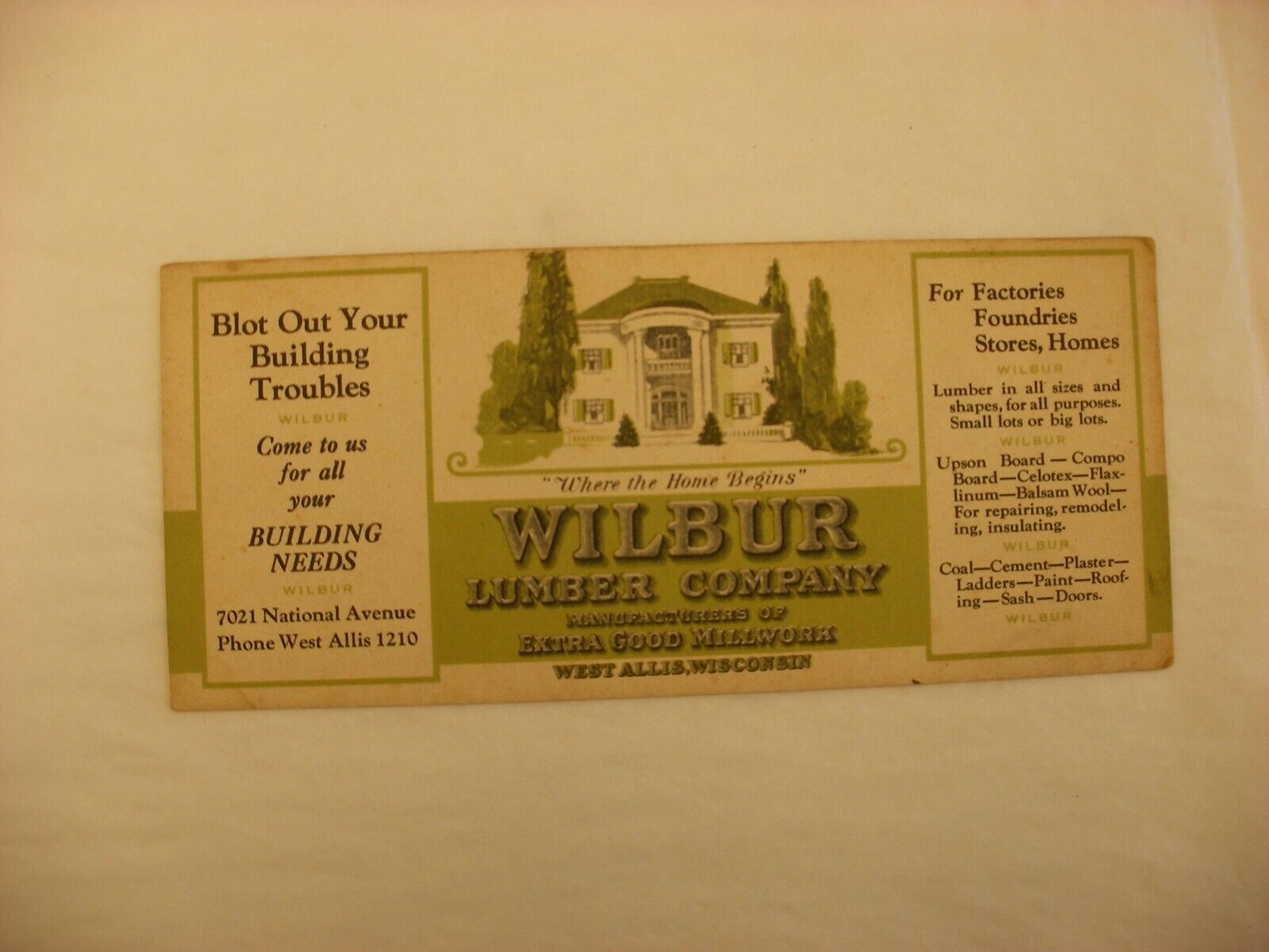 Vtg Advertising Ink Blotter Wilbur Lumber Co. West Allis Milwaukee Wi