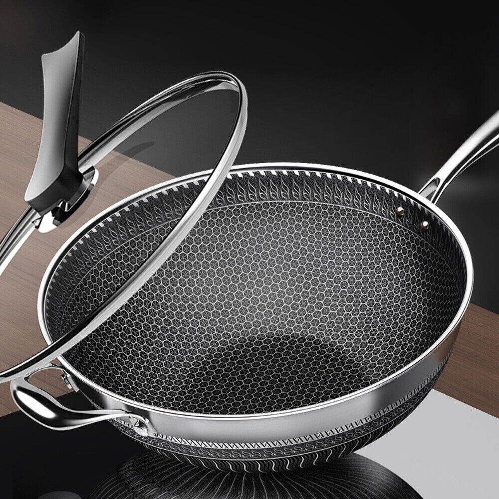 Non Stick Double Sided Honeycomb Cooking Frying Pan Wok Stainless Steel W/ Lid