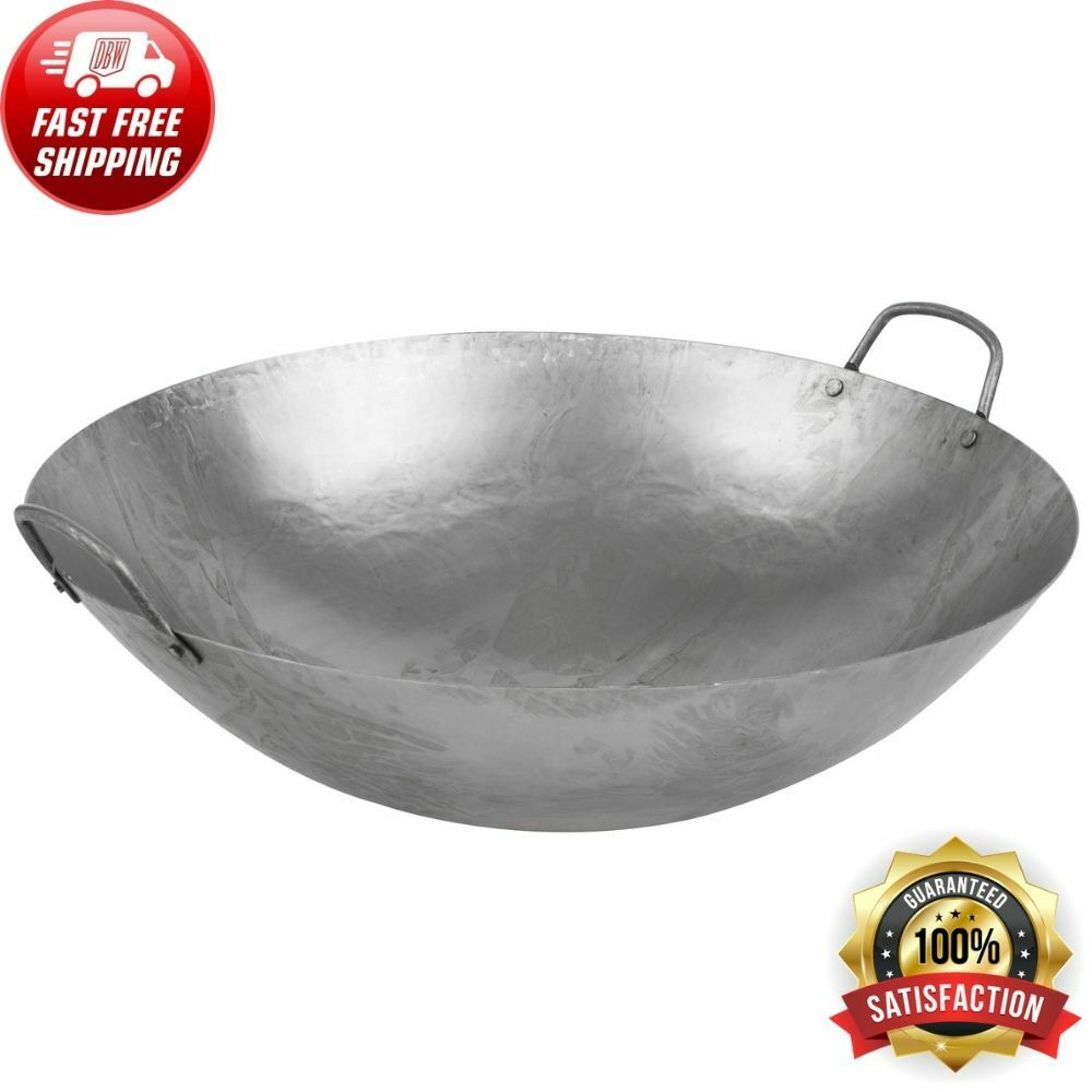 16" Hand Hammered Carbon Steel Round Silver Cantonese Wok Pan Kitchen Cooking