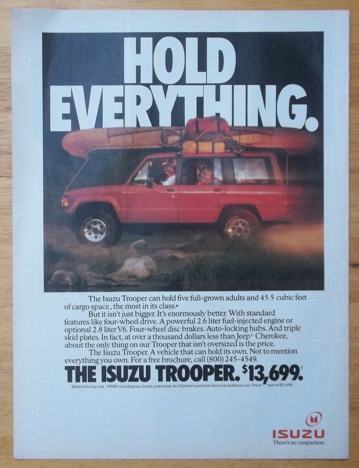 1991 Red Isuzu Trooper 4wd Suv Photo Carrying Canoe Vintage Print Ad Poster