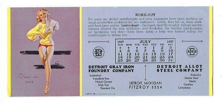Vintage Ink Blotter Card Moran Pin-up July 1937 Calendar Detroit Steel Foundry