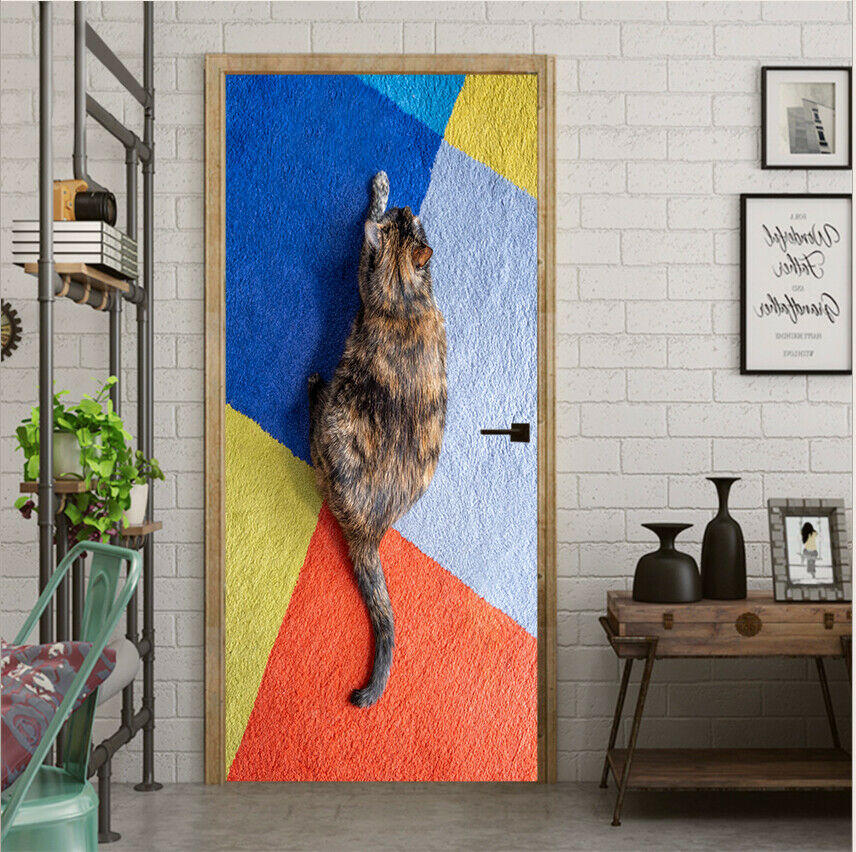 Cat Wallpaper Removeable Door Sticker Self-adhesive Kid's Room Door Mural Poster