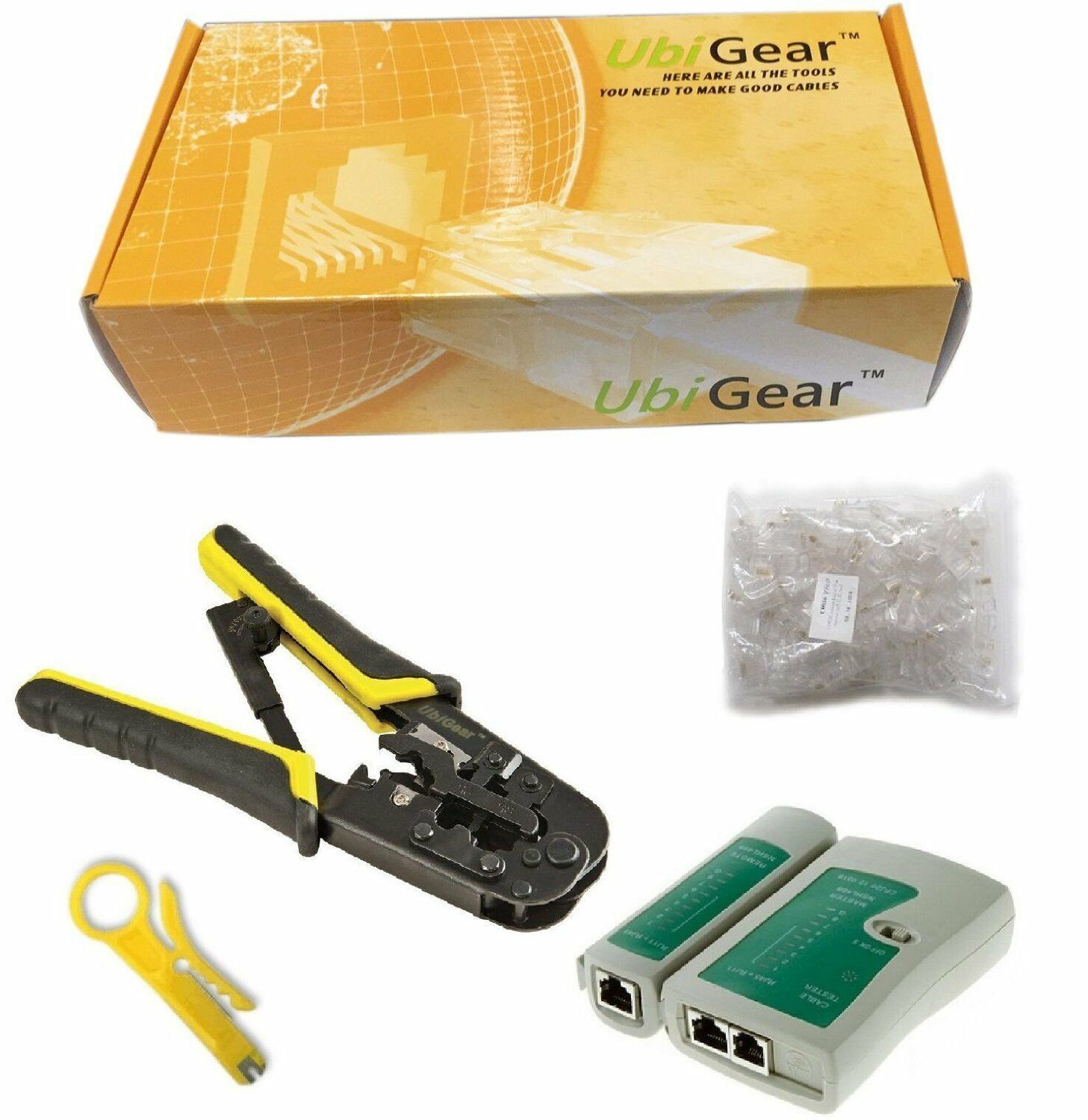 Ubigear® Network Tester +crimp Crimper + 100 Rj45 Cat5e Connector Plug Tool Kits